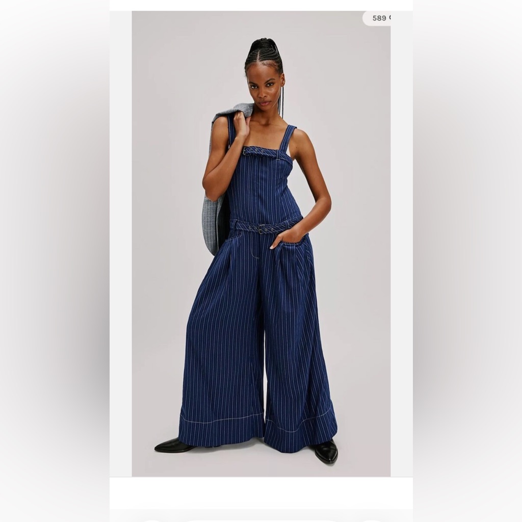 Nwt Free People Flores Pinstripe Wide Leg Jumpsuit In Navy Combo